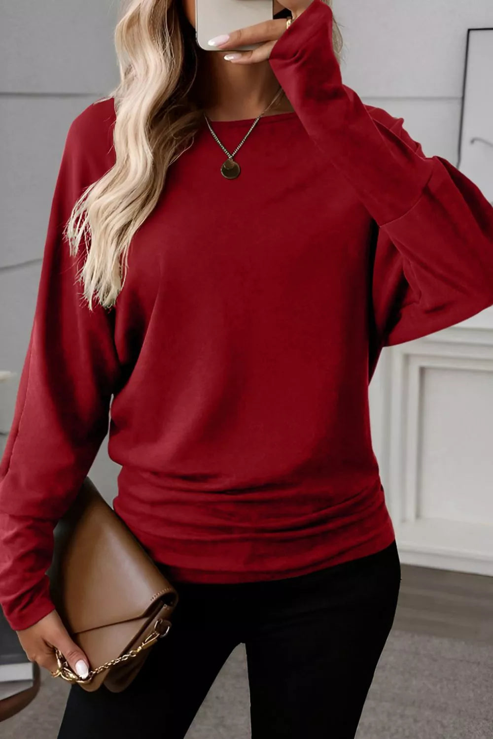 SYNZ Burgundy / S Solid Color Long Sleeve Blouse