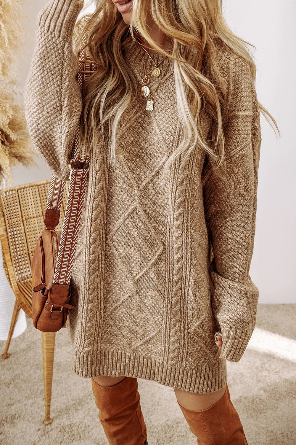 SYNZ Cable-Knit Round Neck Sweater Dress