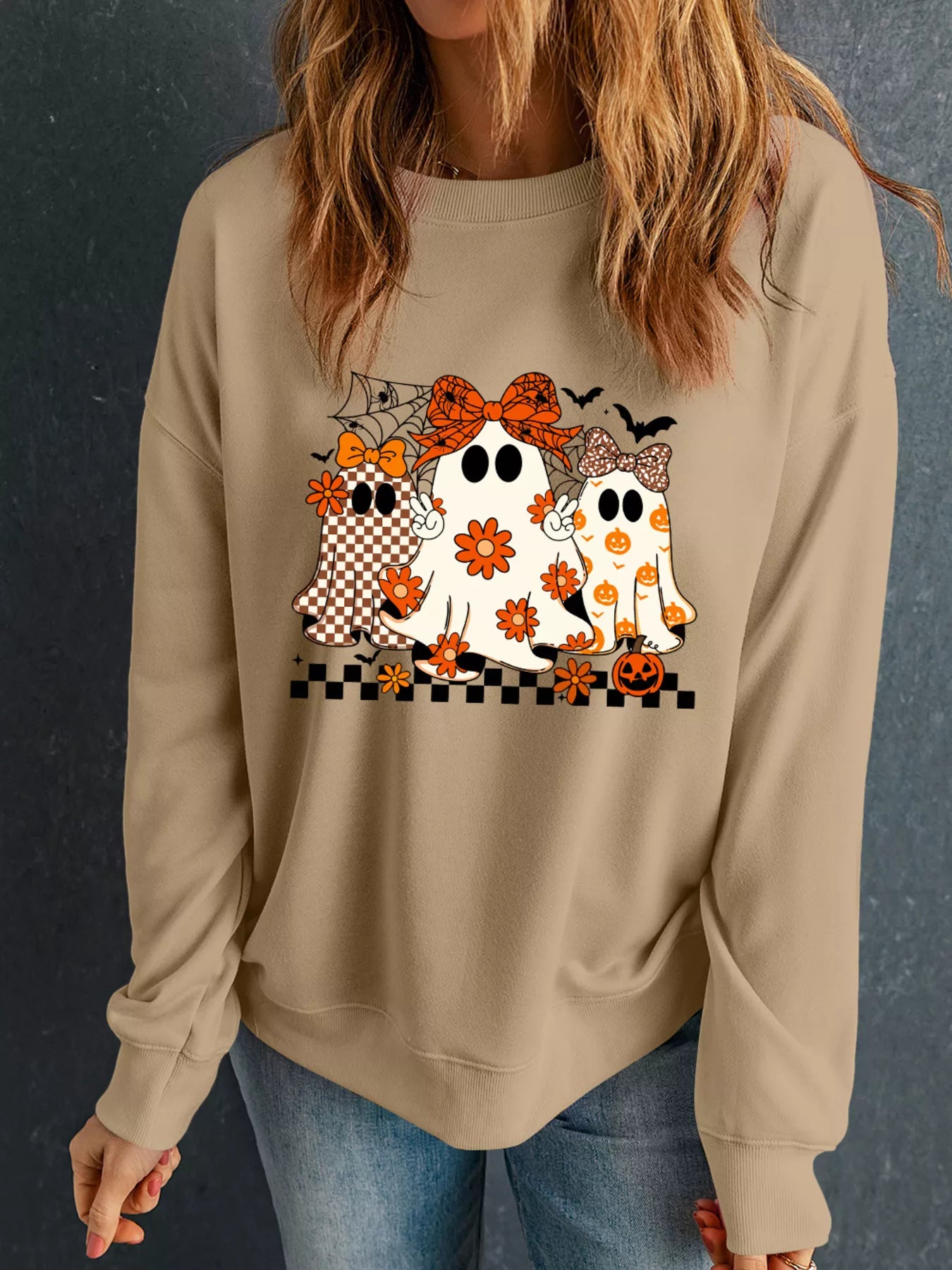 SYNZ Camel / S Halloween Ghost Graphic Drop Shoulder Sweatshirt