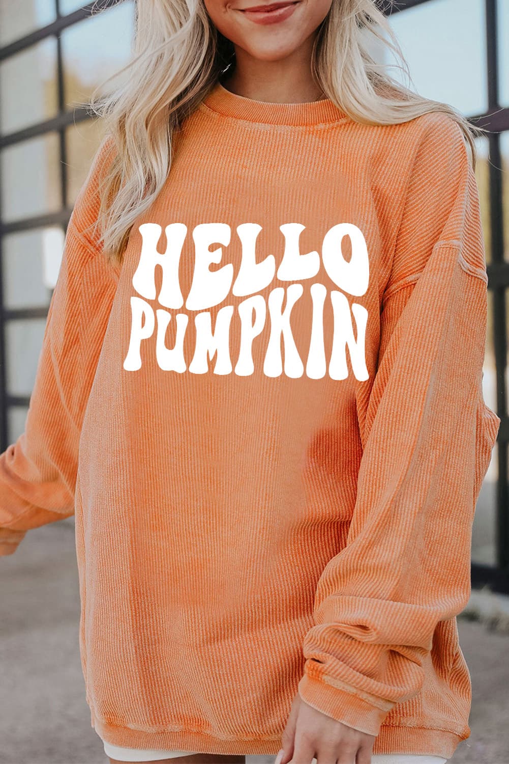 SYNZ Caramel / S Round Neck Dropped Shoulder HELLO PUMPKIN Graphic Sweatshirt