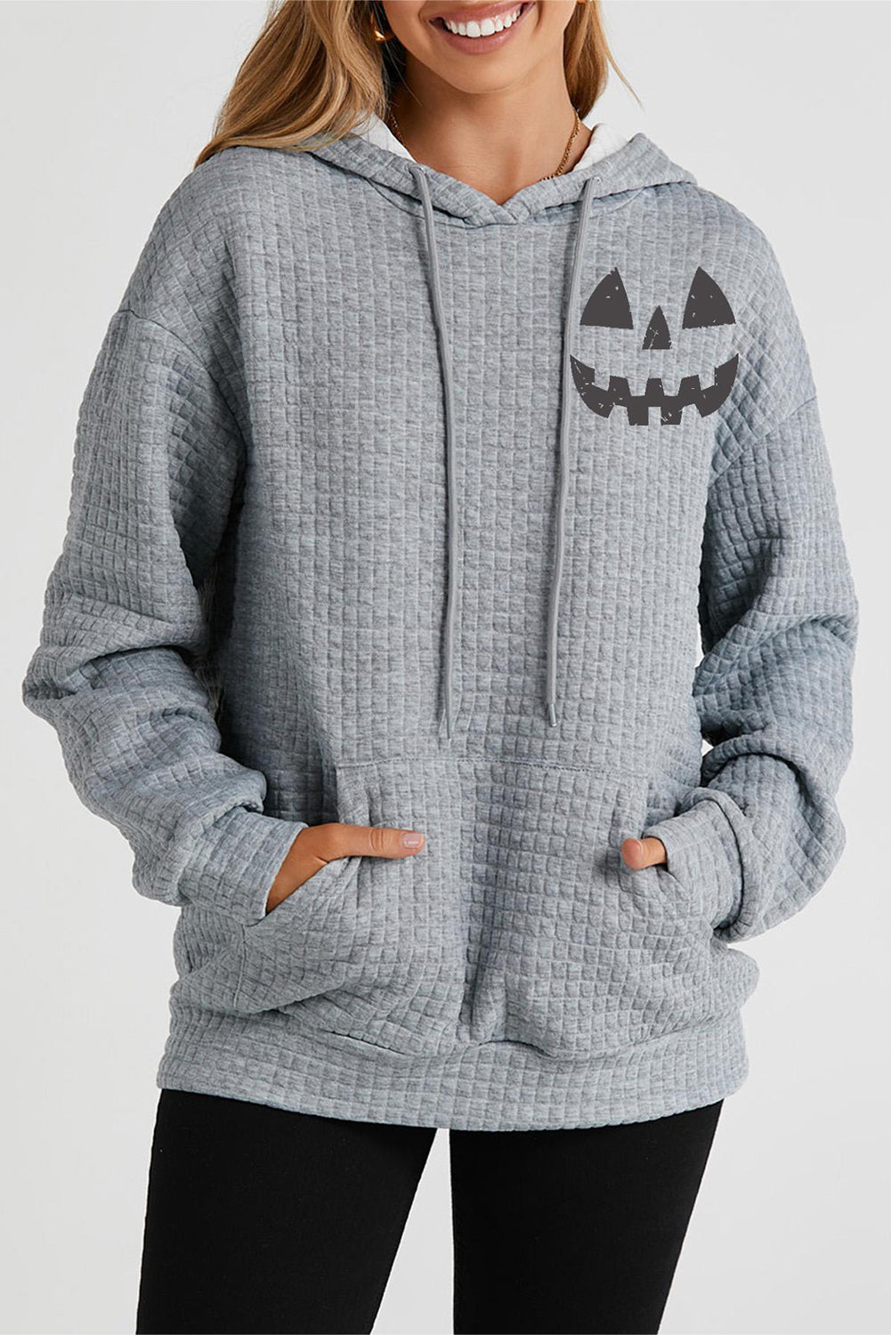 SYNZ Charcoal / S Pumpkin Face Graphic Drawstring Hoodie with Pocket