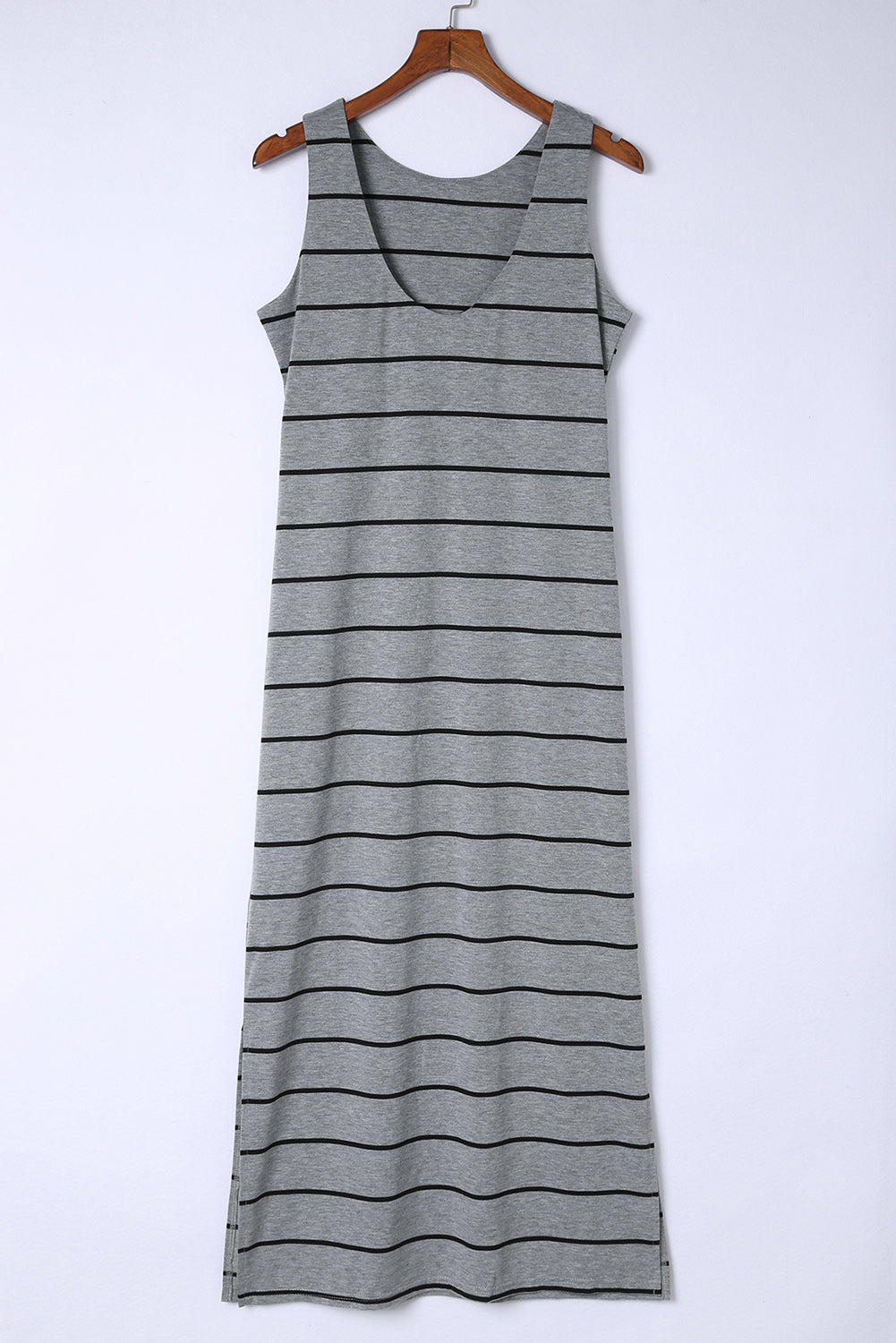 SYNZ Charcoal / S Striped Sleeveless Maxi Dress with Side Slit – Casual Summer Style