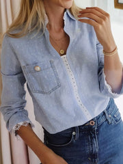 SYNZ Clothing & Accessories Lace Trim Patchwork Dotted Print Collared Blouse