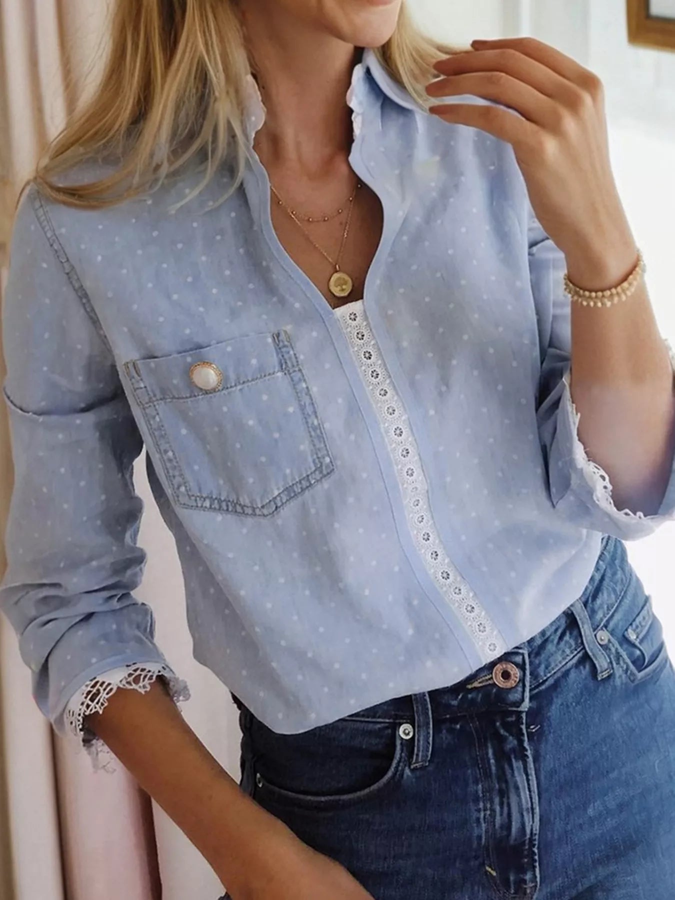 SYNZ Clothing & Accessories Lace Trim Patchwork Dotted Print Collared Blouse