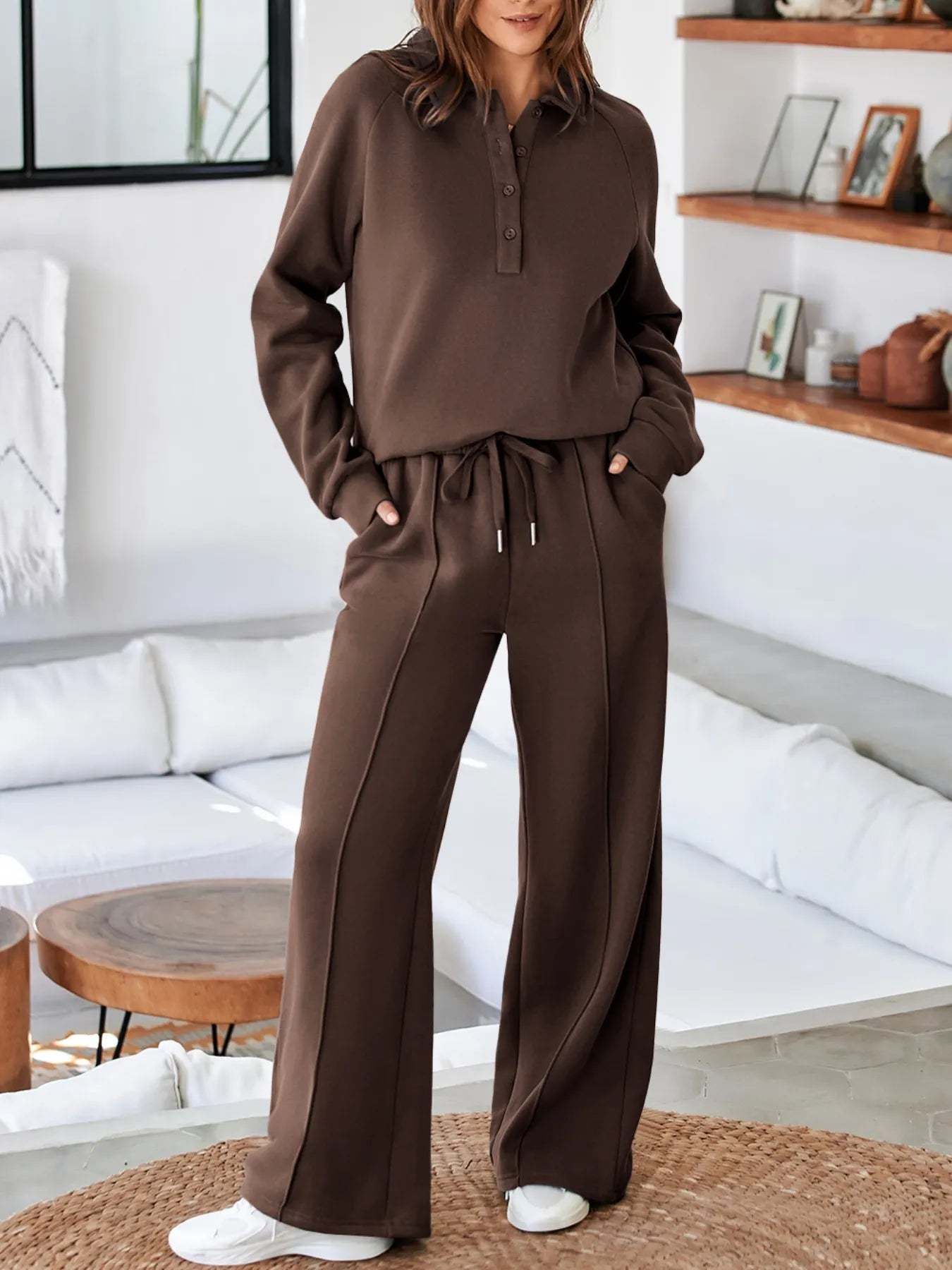SYNZ Collared Sweatshirt and High Waist Pants Active Set