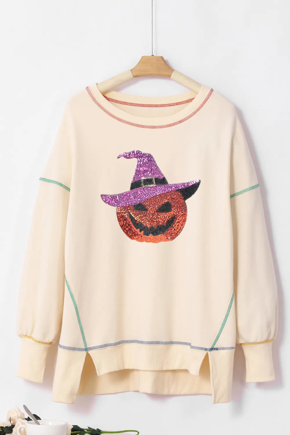 SYNZ Contrast Stitching Sequin Pumpkin Round Neck Long Sleeve Sweatshirt