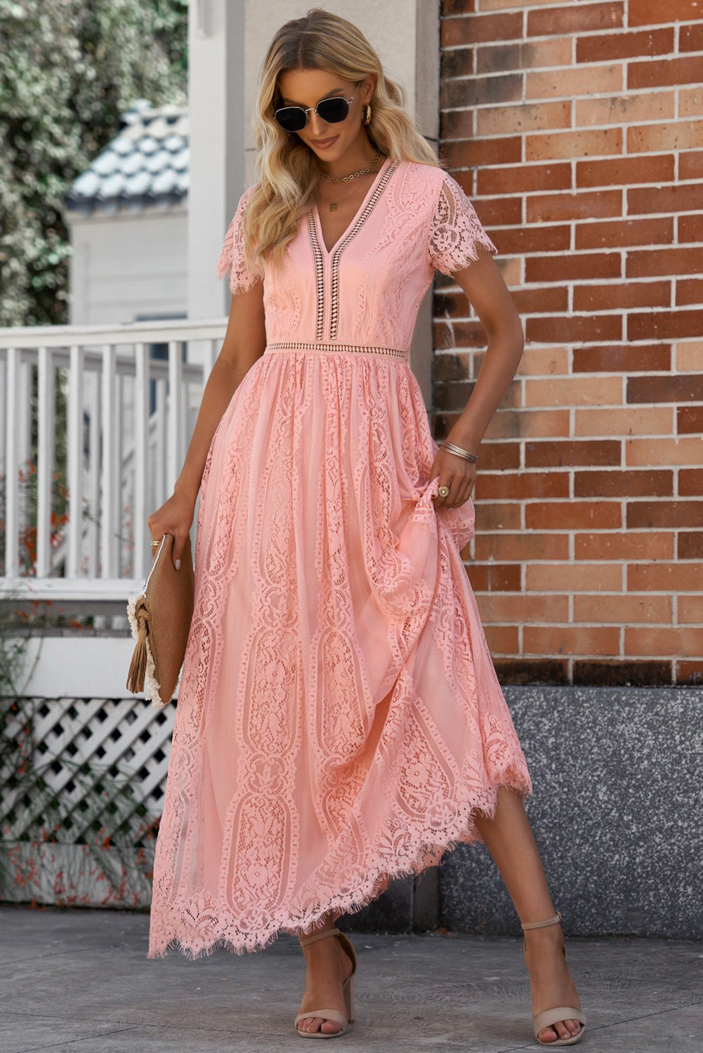 SYNZ CORAL / S Scalloped Trim Lace Plunge Maxi Dress
