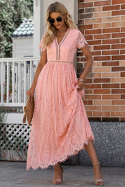 SYNZ CORAL / S Scalloped Trim Lace Plunge Maxi Dress