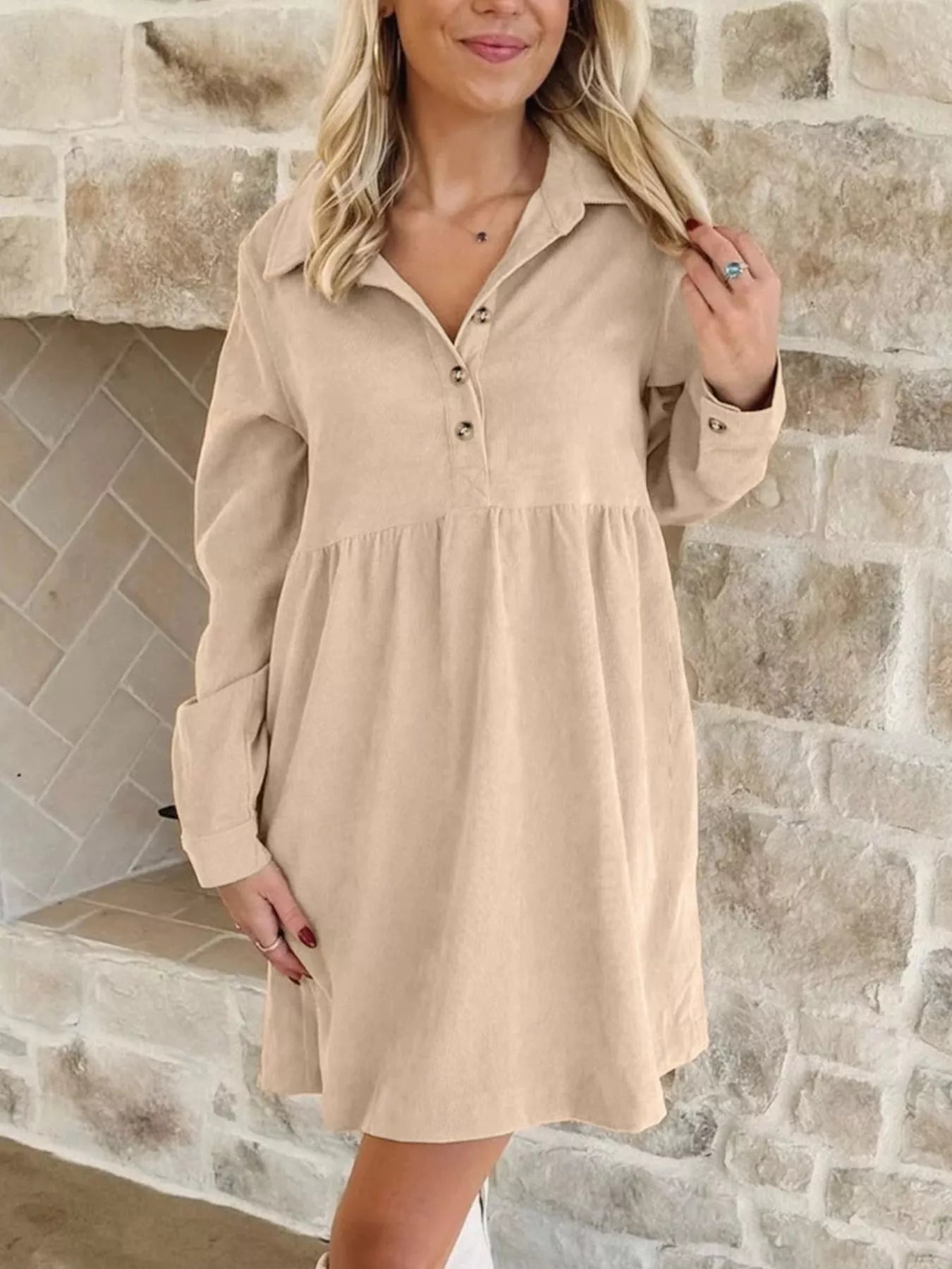 SYNZ Corduroy Half Button Collared Long Sleeve Mini Dress
