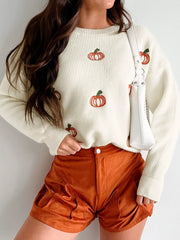 SYNZ Cream / M Halloween Pumpkin Embroidered Round Neck Long Sleeve Sweater