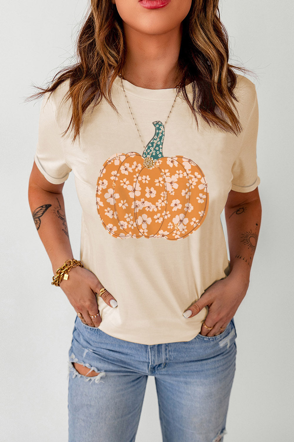 SYNZ Cream / S Pumpkin Graphic Round Neck Cuffed T-Shirt