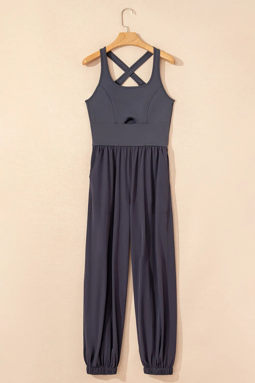SYNZ Cutout Square Neck Wide Strap Active Jumpsuit