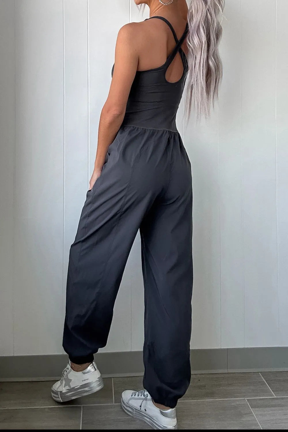 SYNZ Cutout Square Neck Wide Strap Active Jumpsuit