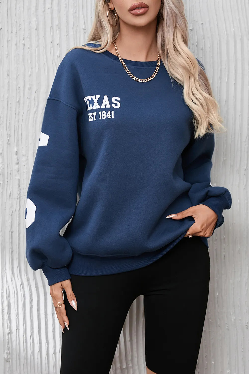 SYNZ Dark Blue / S Letter Graphic Round Neck Dropped Shoulder Sweatshirt