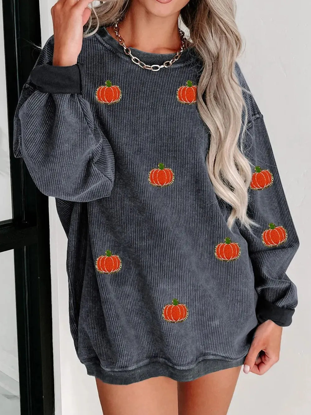 SYNZ Dark Gray / S Pumpkin Round Neck Long Sleeve Sweatshirt