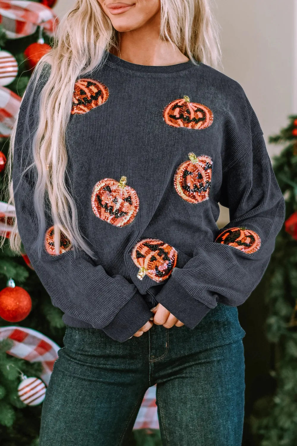 SYNZ Dark Gray / S Sequin Patch Pumpkin Round Neck Sweatshirt