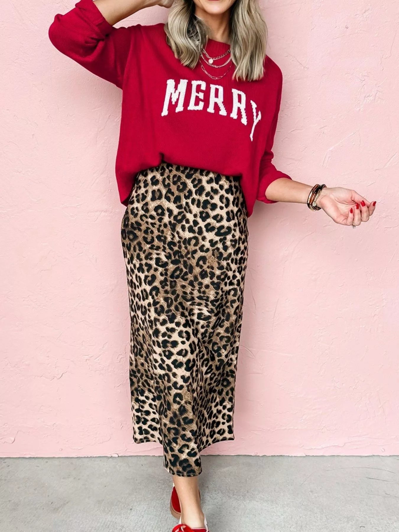 SYNZ Deep Red / S MERRY Letter Pattern Christmas Baggy Sweater