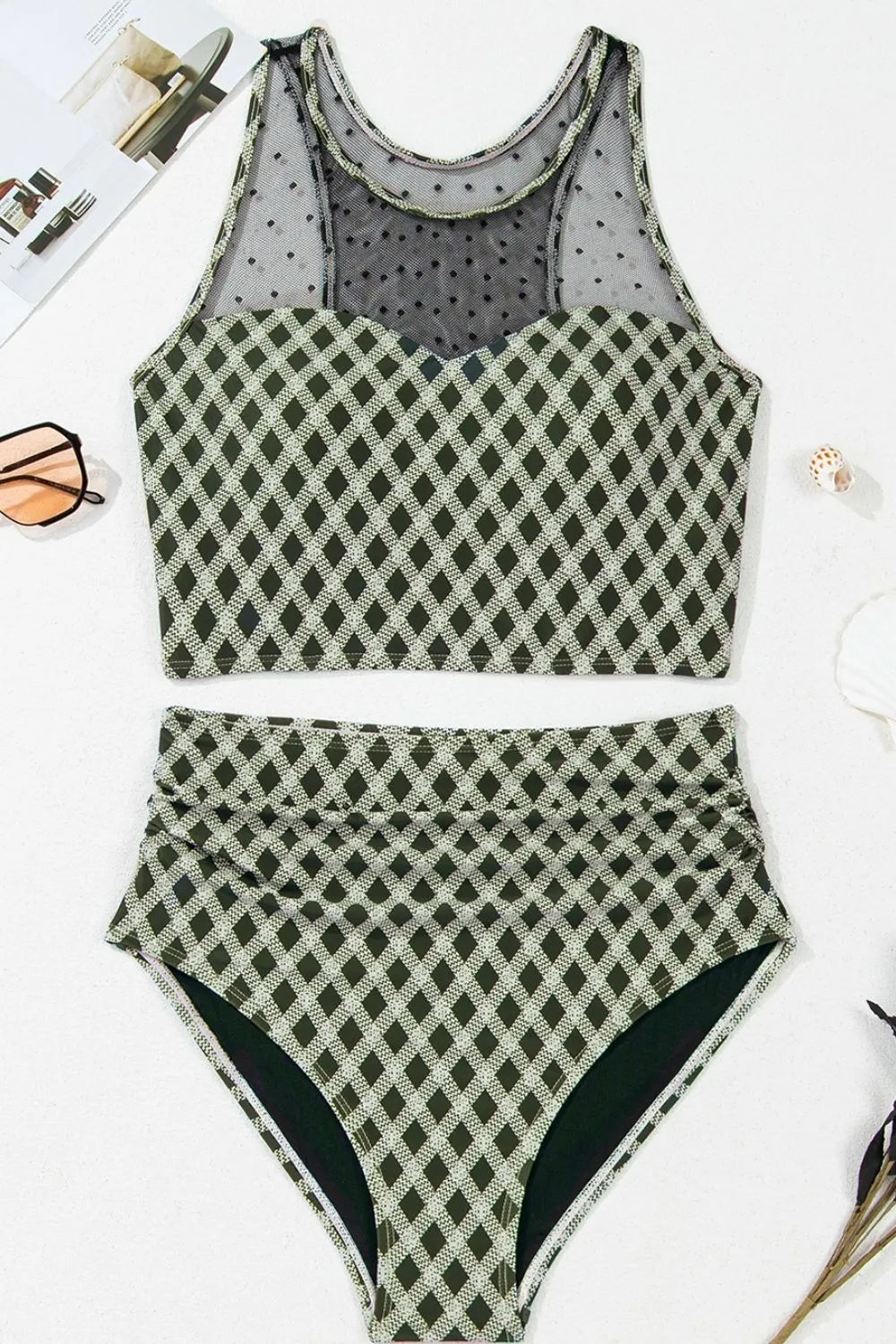 SYNZ Dotted Mesh Plaid Patchwork High Waisted Swim Set