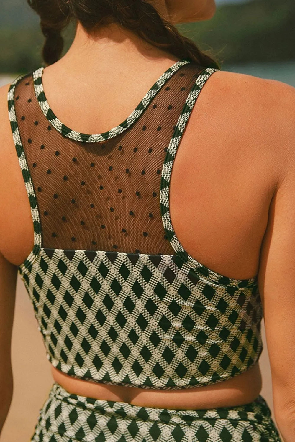 SYNZ Dotted Mesh Plaid Patchwork High Waisted Swim Set