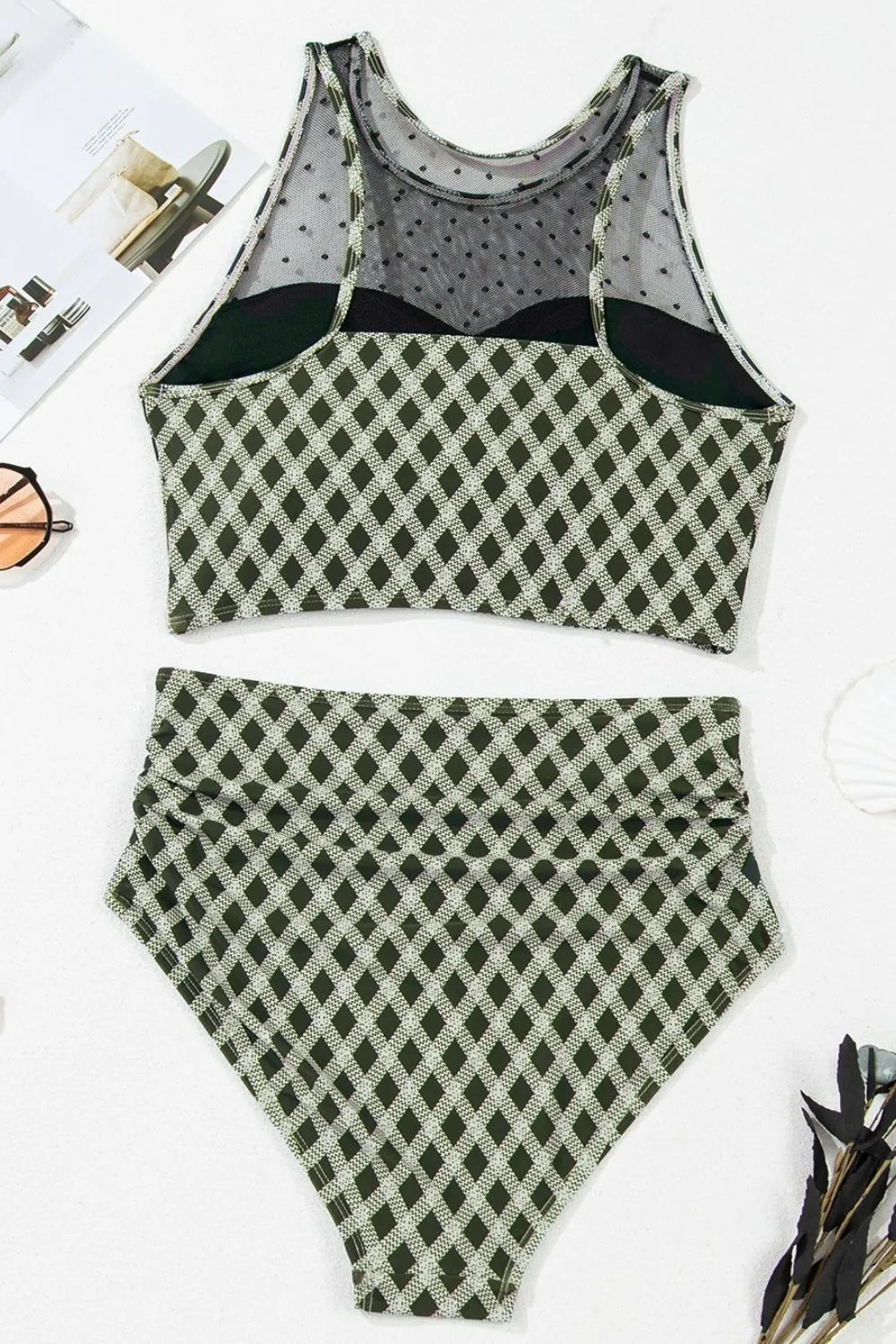 SYNZ Dotted Mesh Plaid Patchwork High Waisted Swim Set