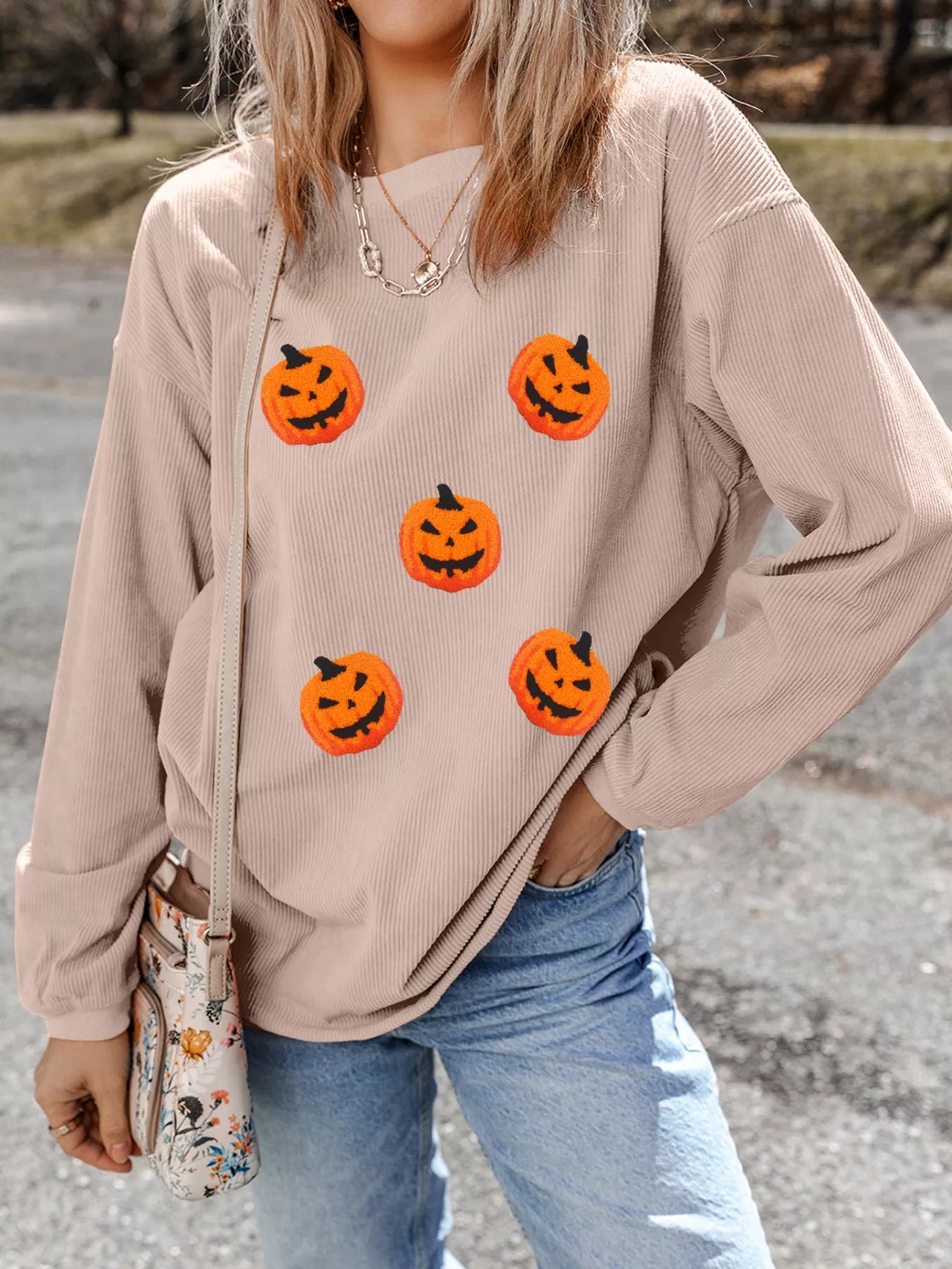SYNZ Dust Storm / S Halloween Pumpkin Drop Shoulder Sweatshirt