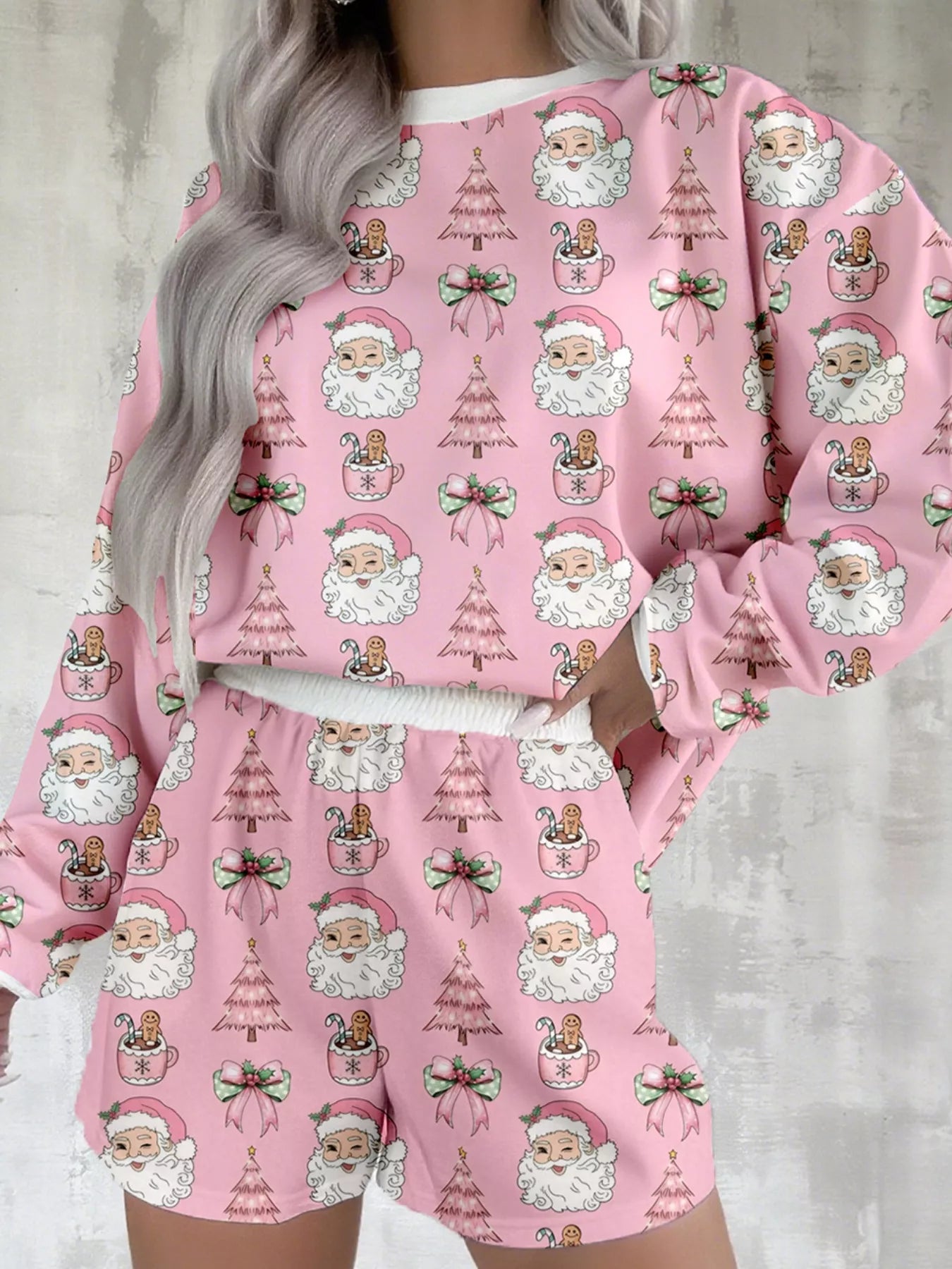SYNZ Dusty Pink / S Christmas Santa Print Round Neck Top and Shorts Lounge Set