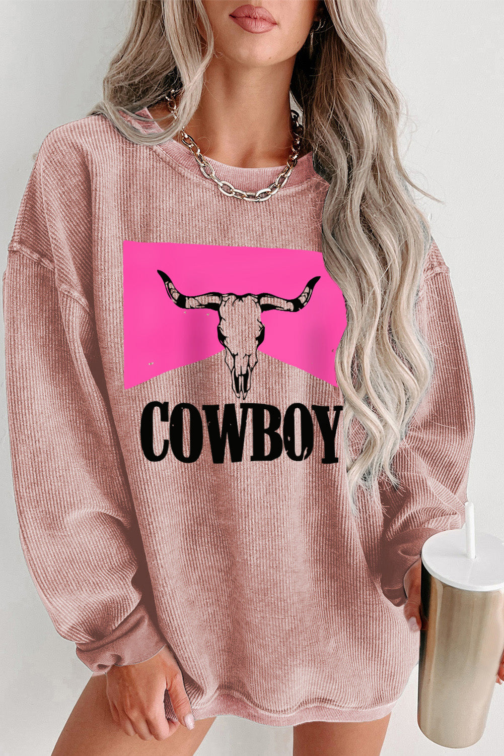SYNZ Dusty Pink / S COWBOY Graphic Round Neck Sweatshirt