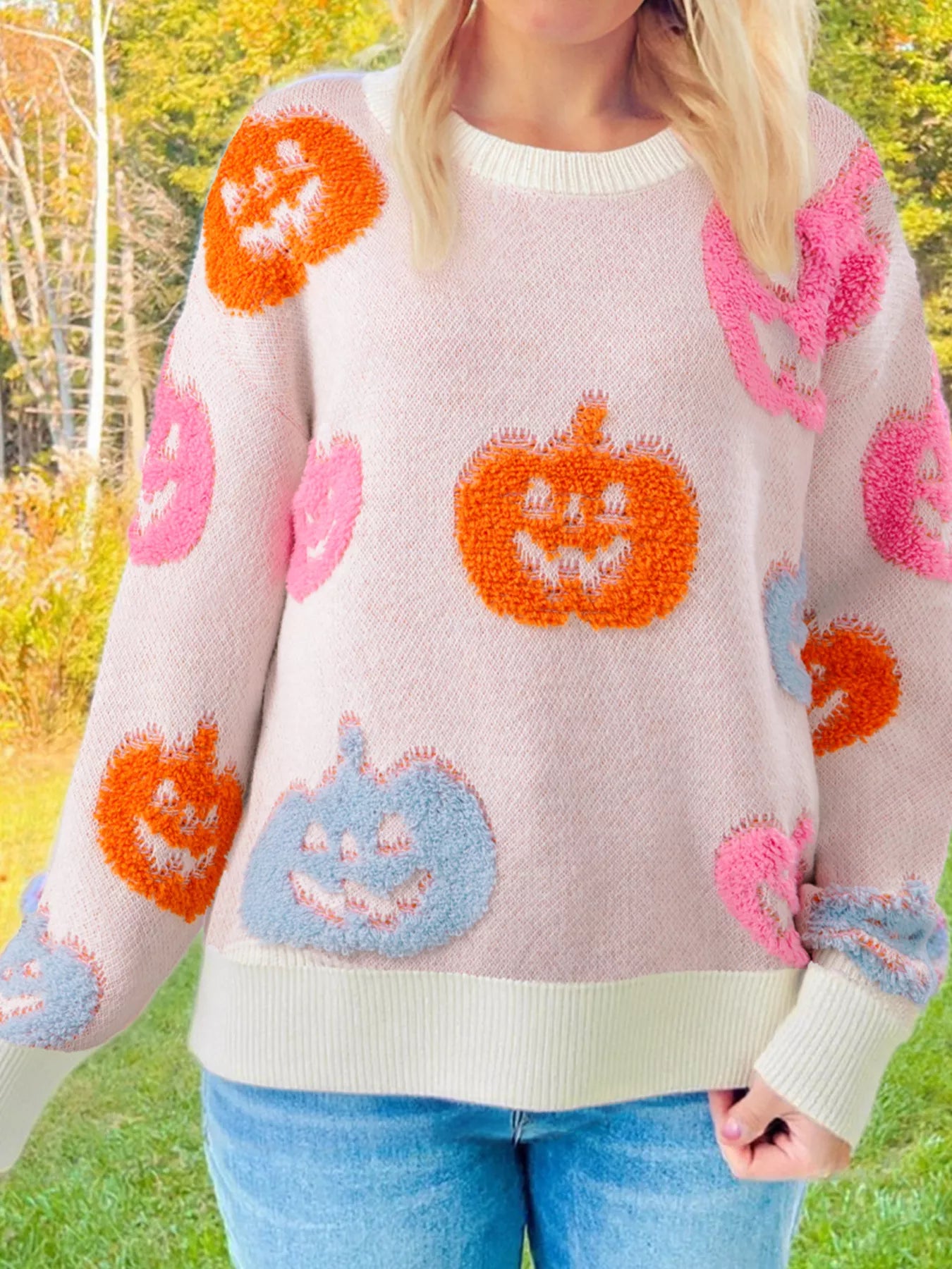 SYNZ Dusty Pink / S Halloween Cute Pumpkin Pattern Sweater