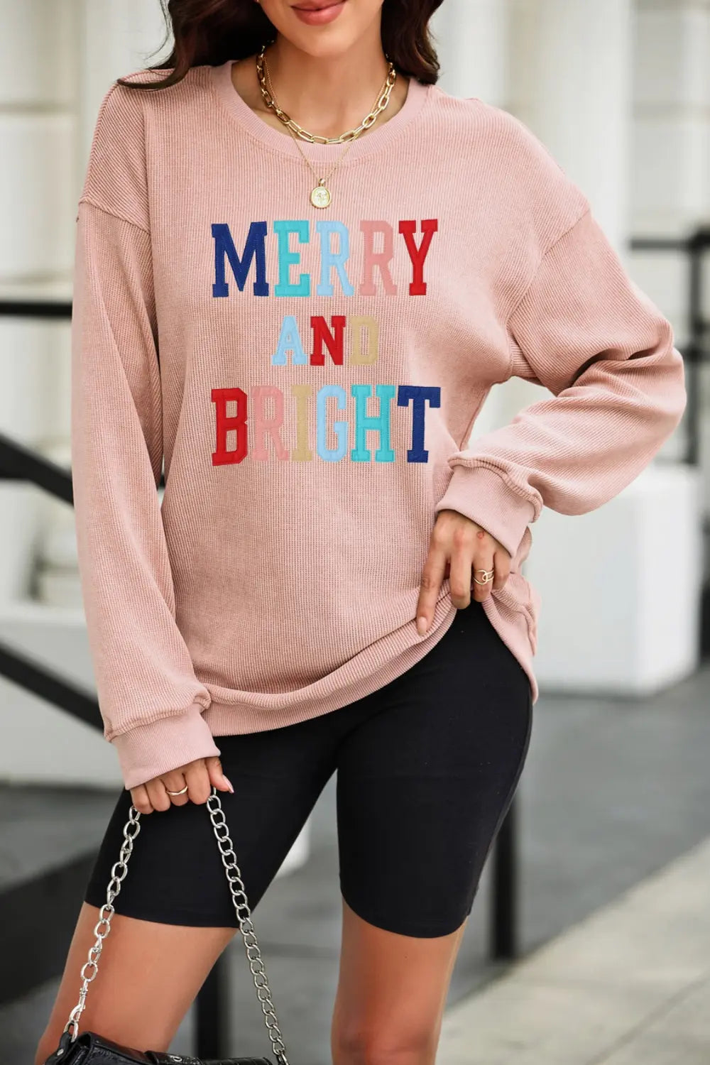 SYNZ Dusty Pink / S MERRY AND BRIGHT Graphic Sweatshirt