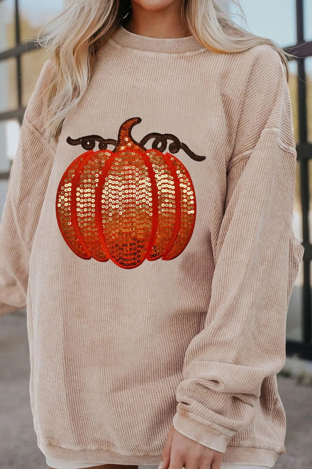 SYNZ Eggshell / S Sequin Pumpkin Round Neck Long Sleeve Sweatshirt