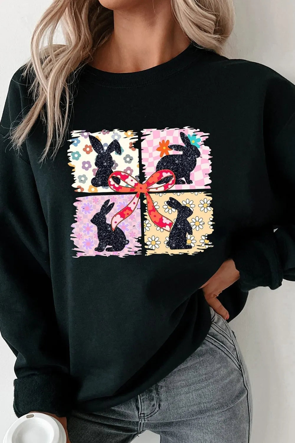 SYNZ Floral Bunny Plaid Bow Graphic Easter Sweatshirt