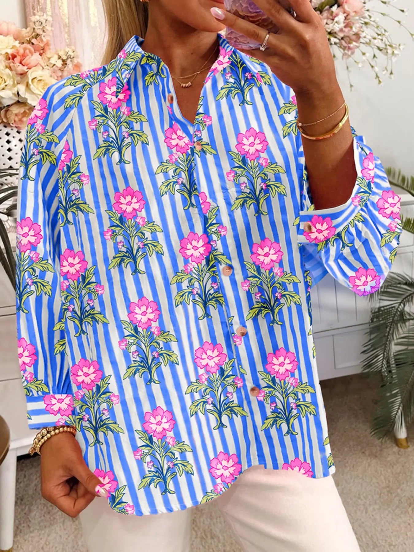 SYNZ Floral Striped Button-Down Shirt