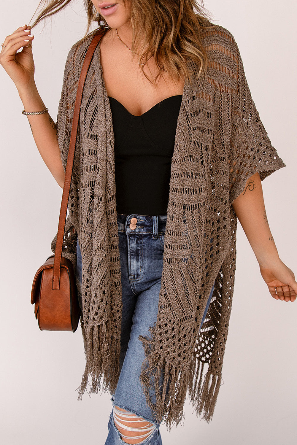 SYNZ Fringe Hem Slit Open Front Cardigan
