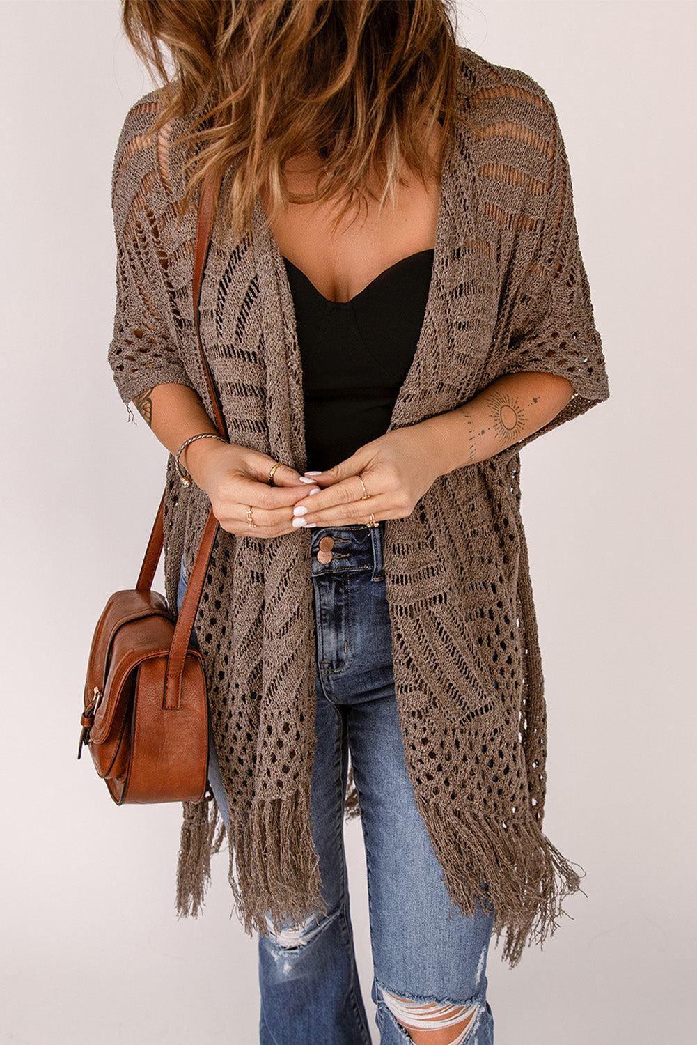 SYNZ Fringe Hem Slit Open Front Cardigan