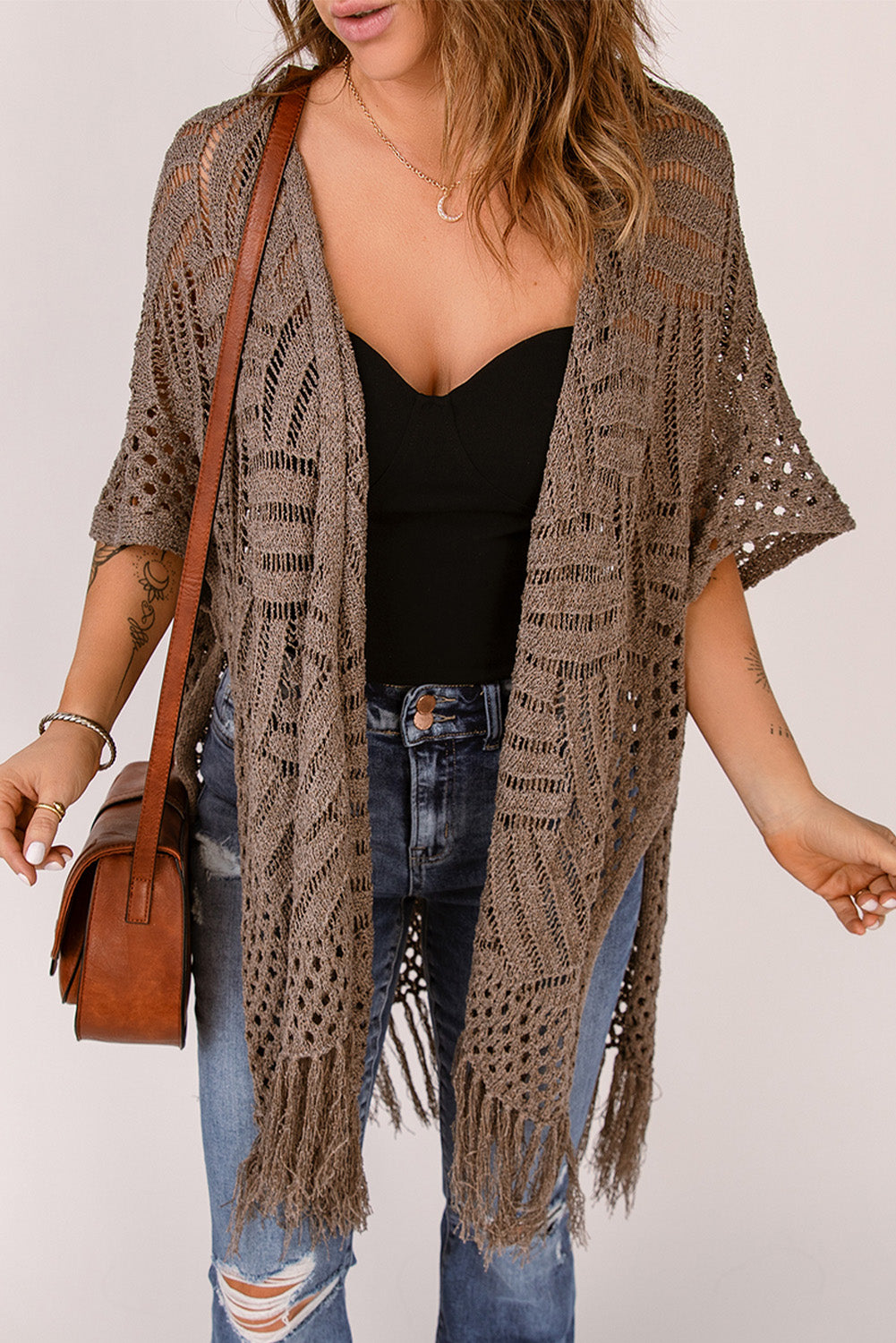 SYNZ Fringe Hem Slit Open Front Cardigan