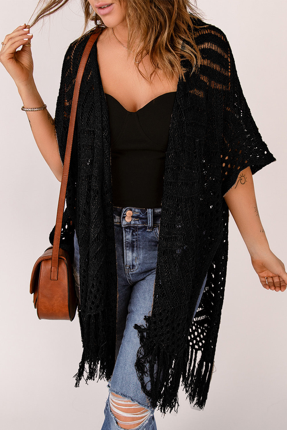 SYNZ Fringe Hem Slit Open Front Cardigan