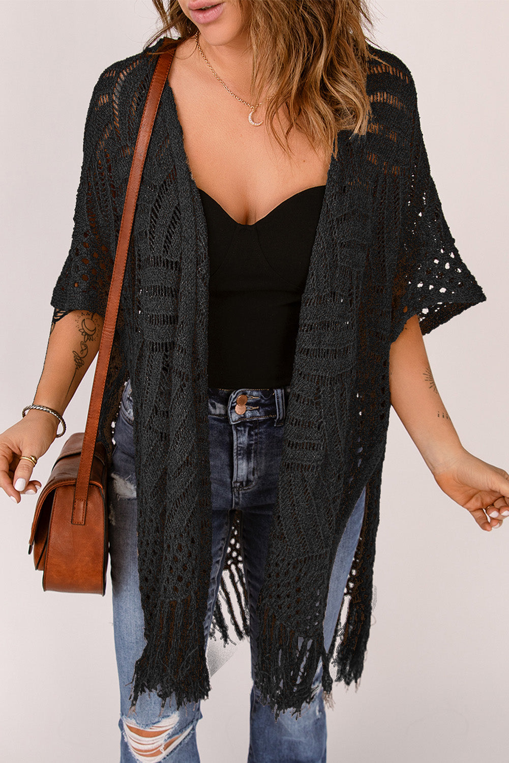SYNZ Fringe Hem Slit Open Front Cardigan