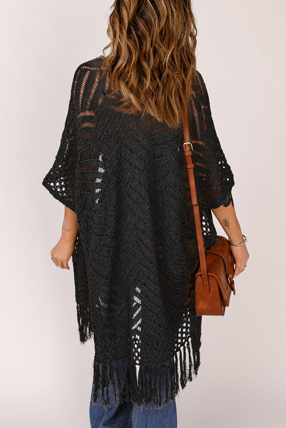 SYNZ Fringe Hem Slit Open Front Cardigan