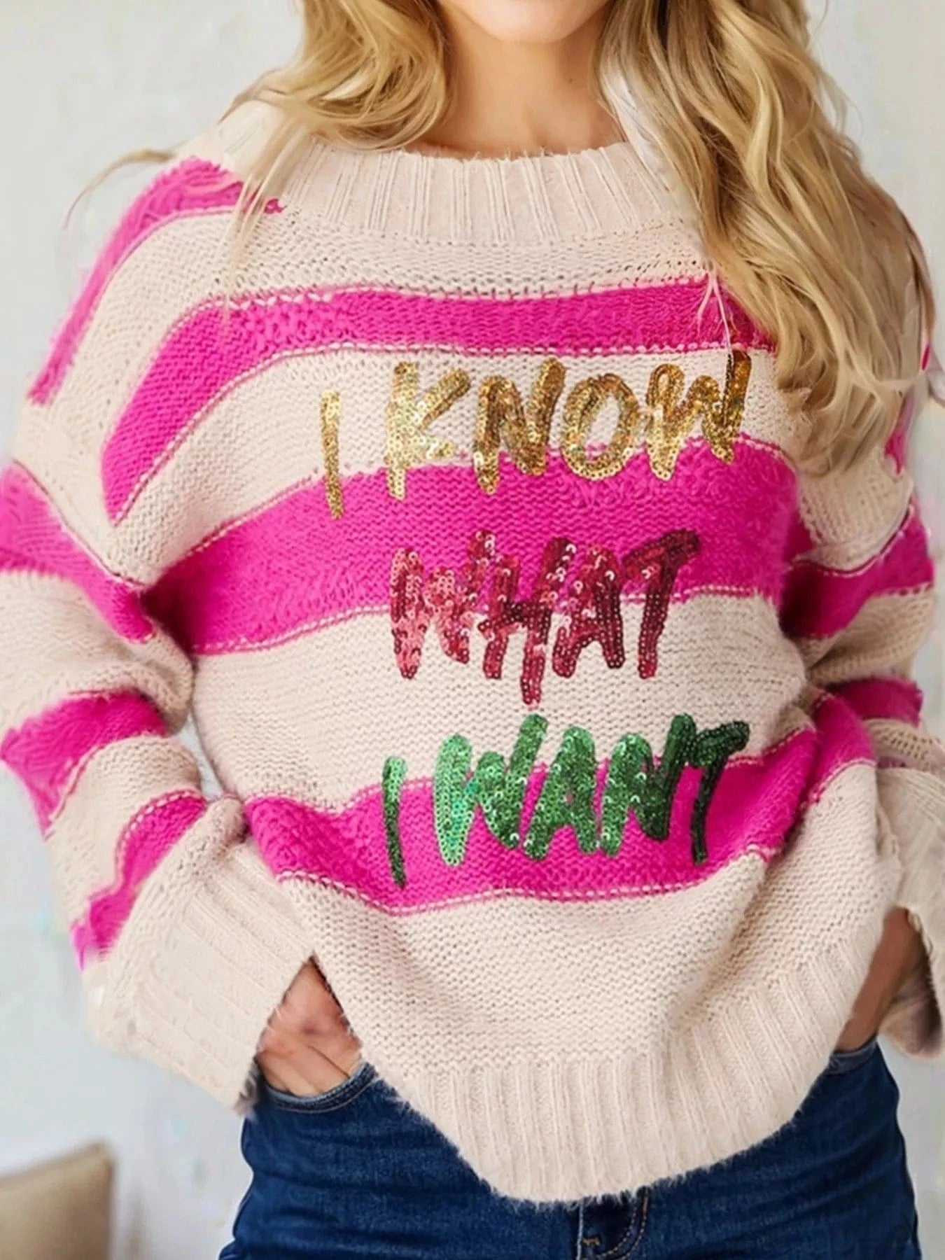 SYNZ Fuchsia Pink / S Sequin Letter Graphic Colorblock Loose Sweater