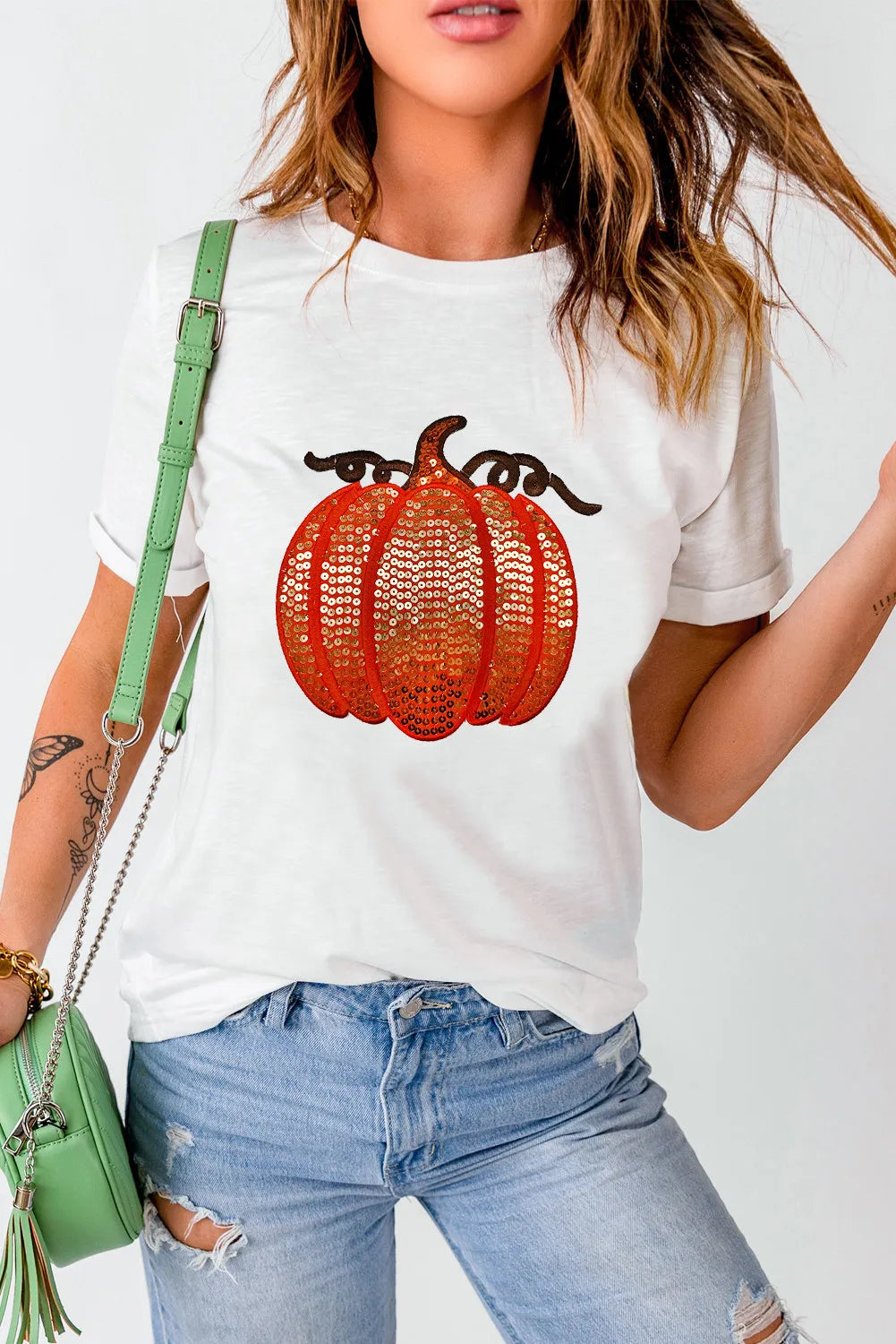 SYNZ Full Size Sequin Pumpkin Round Neck Short Sleeve T-Shirt