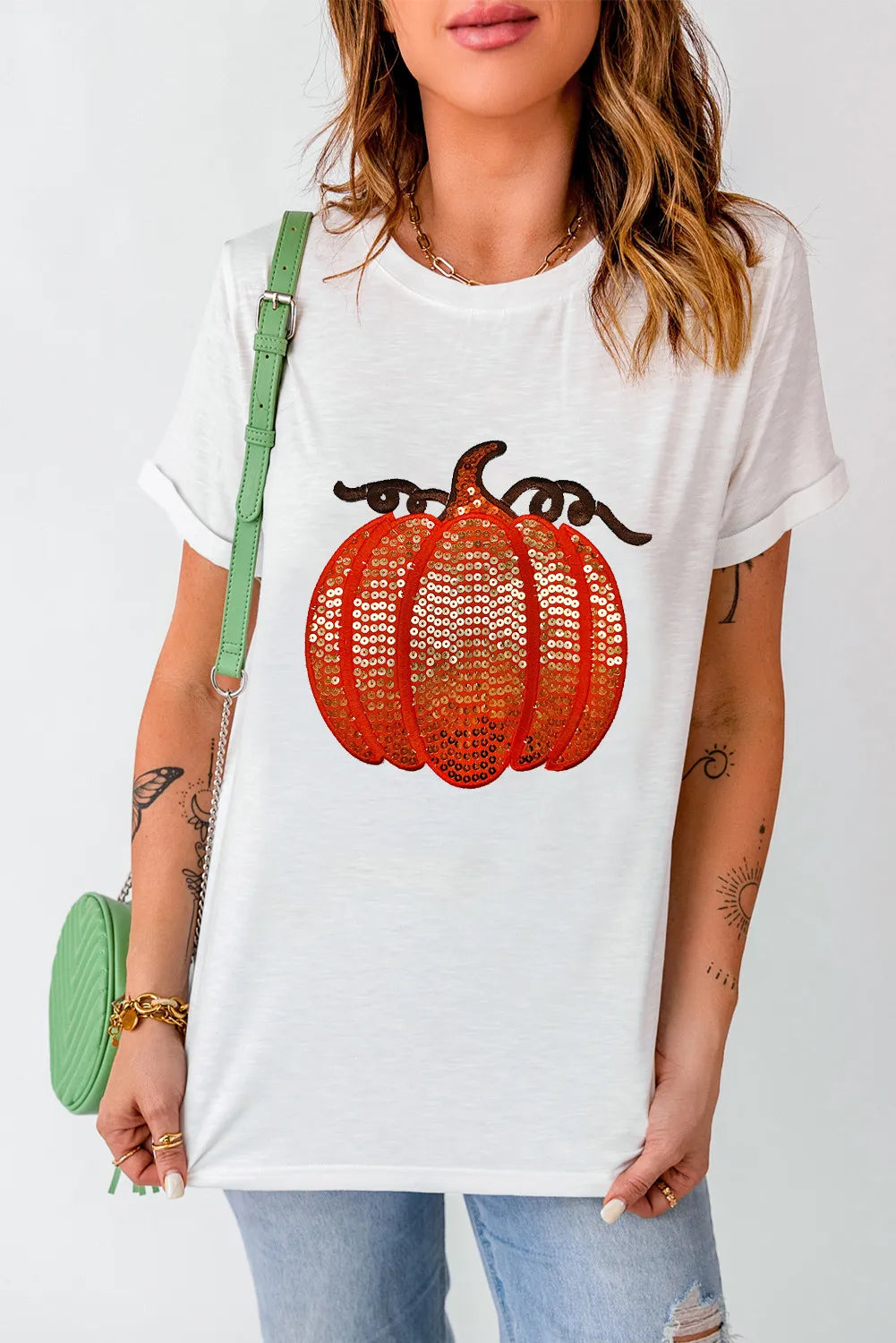 SYNZ Full Size Sequin Pumpkin Round Neck Short Sleeve T-Shirt