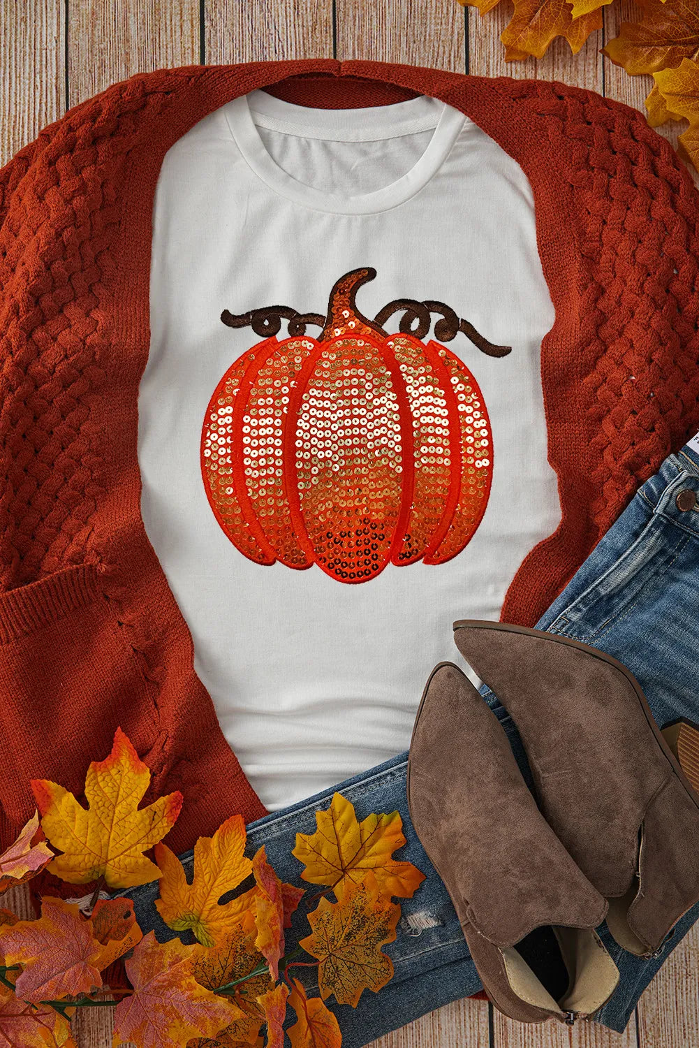 SYNZ Full Size Sequin Pumpkin Round Neck Short Sleeve T-Shirt