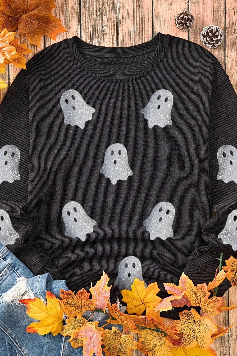 SYNZ Glitter Ghost Round Neck Long Sleeve Sweatshirt