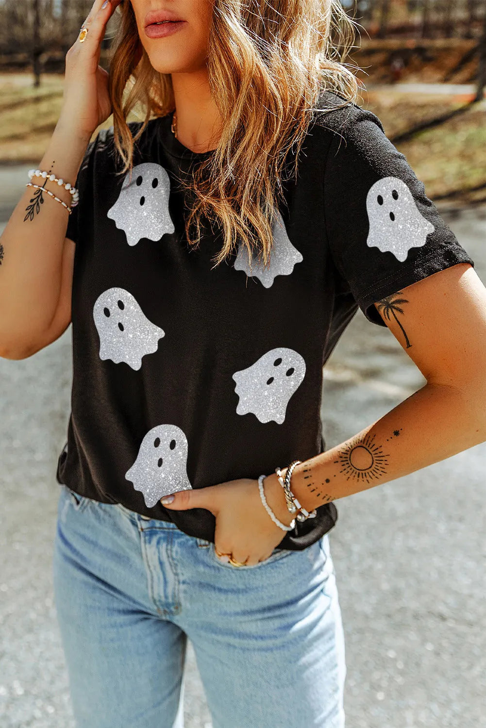SYNZ Glitter Ghost Round Neck Short Sleeve T-Shirt