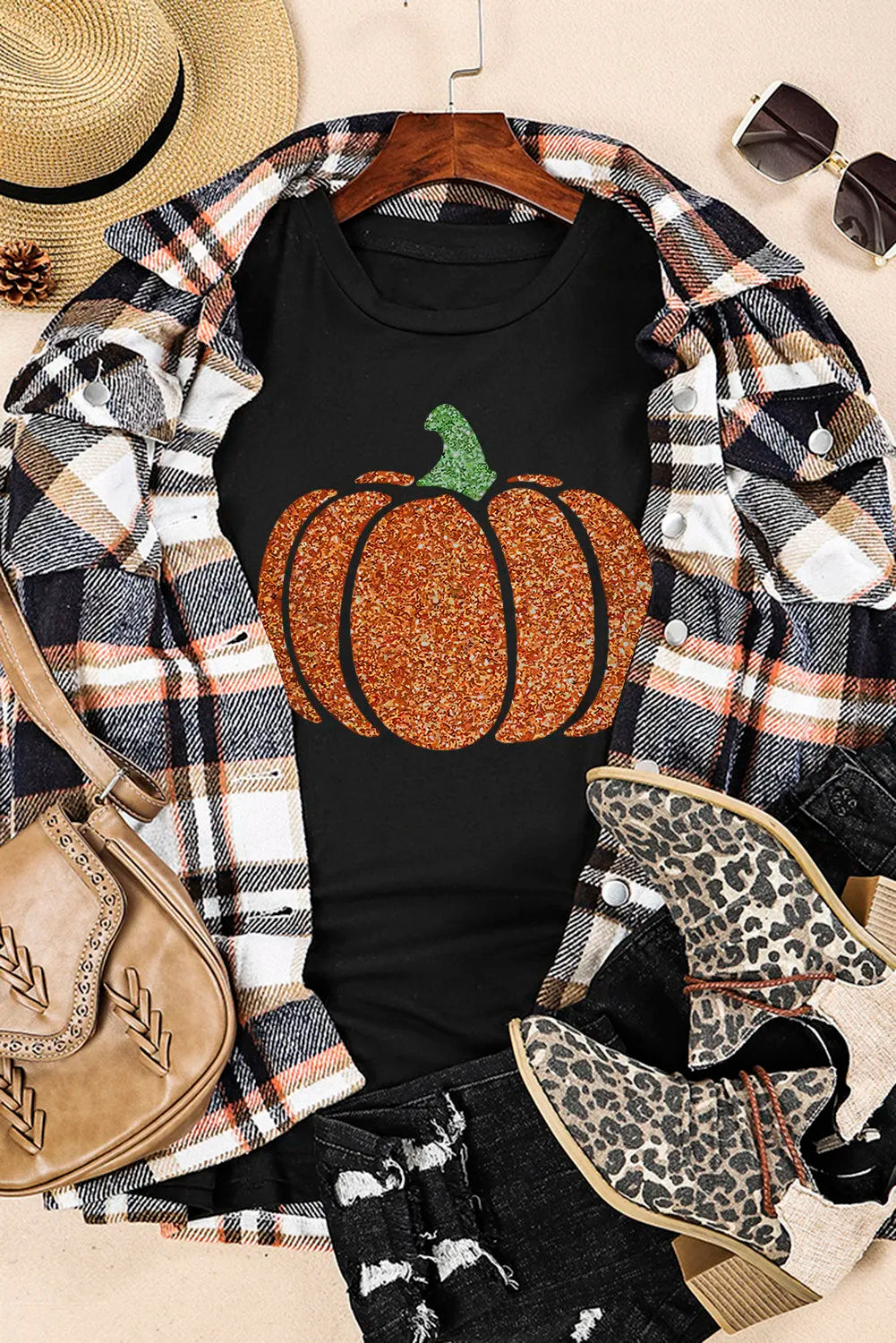 SYNZ Glitter Pumpkin Round Neck Short Sleeve T-Shirt