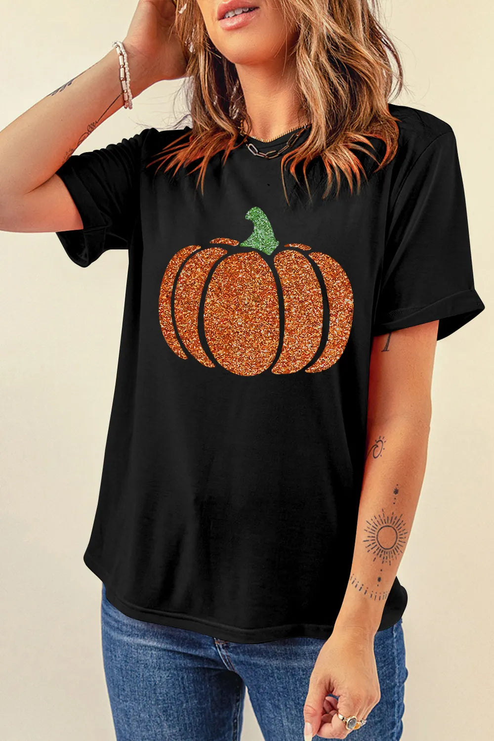 SYNZ Glitter Pumpkin Round Neck Short Sleeve T-Shirt
