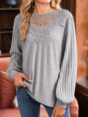 SYNZ Gray / S Hollowed Lace Ribbed Knit Long Sleeve Patchwork Top