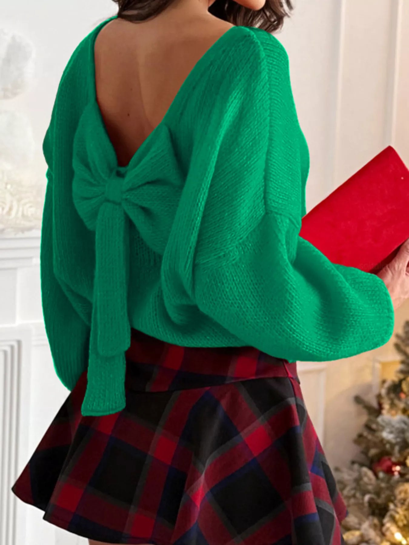 SYNZ Green / S Back Bowknot Long Sleeve Sweater