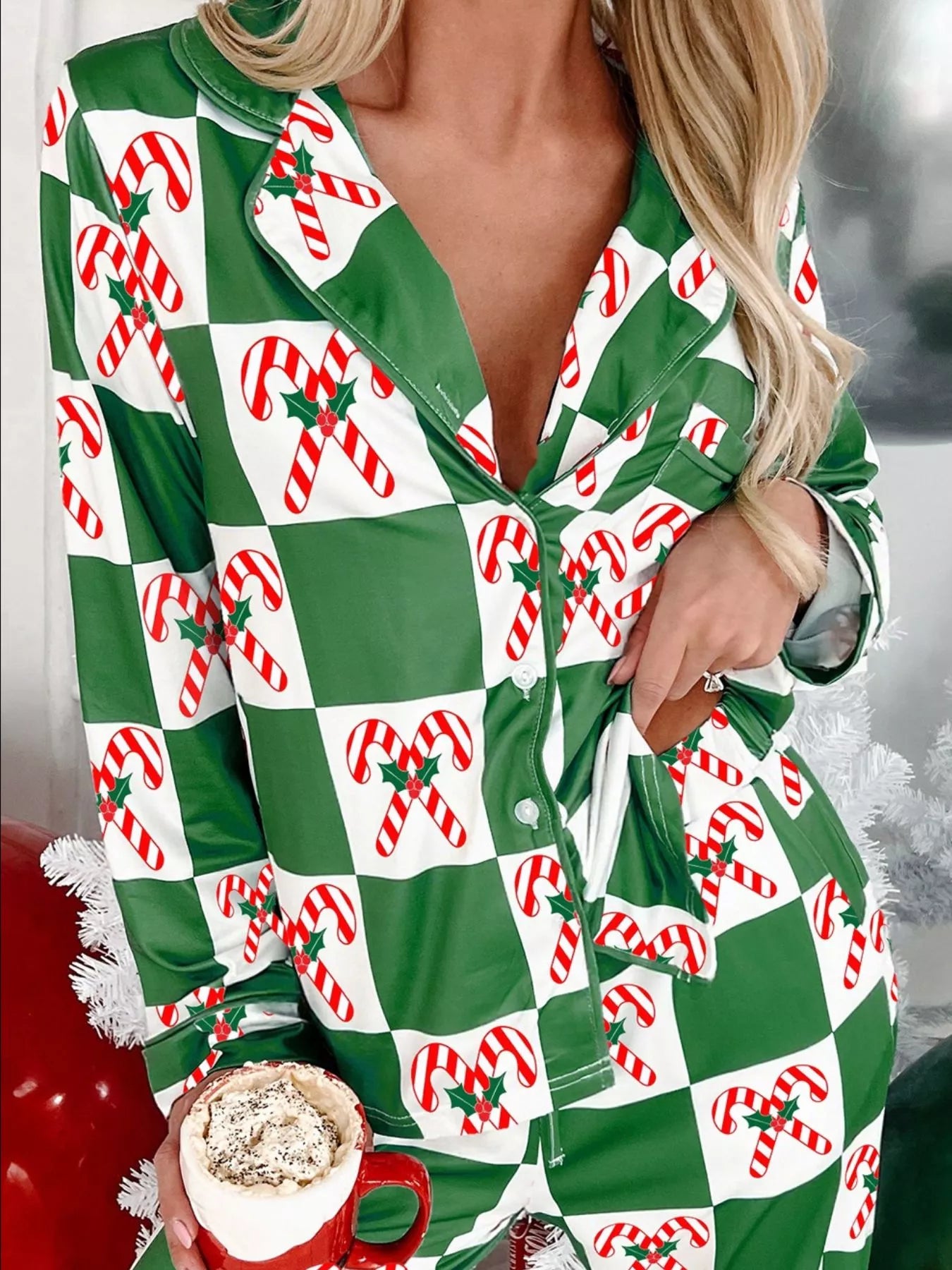 SYNZ Green / S Candy Cane Checkered Pattern 2pcs Pajama Set