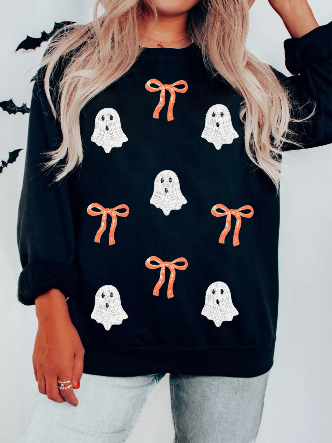 SYNZ Halloween Ghost Bow Sequin Patched Drop Shoulder Sweatshirt